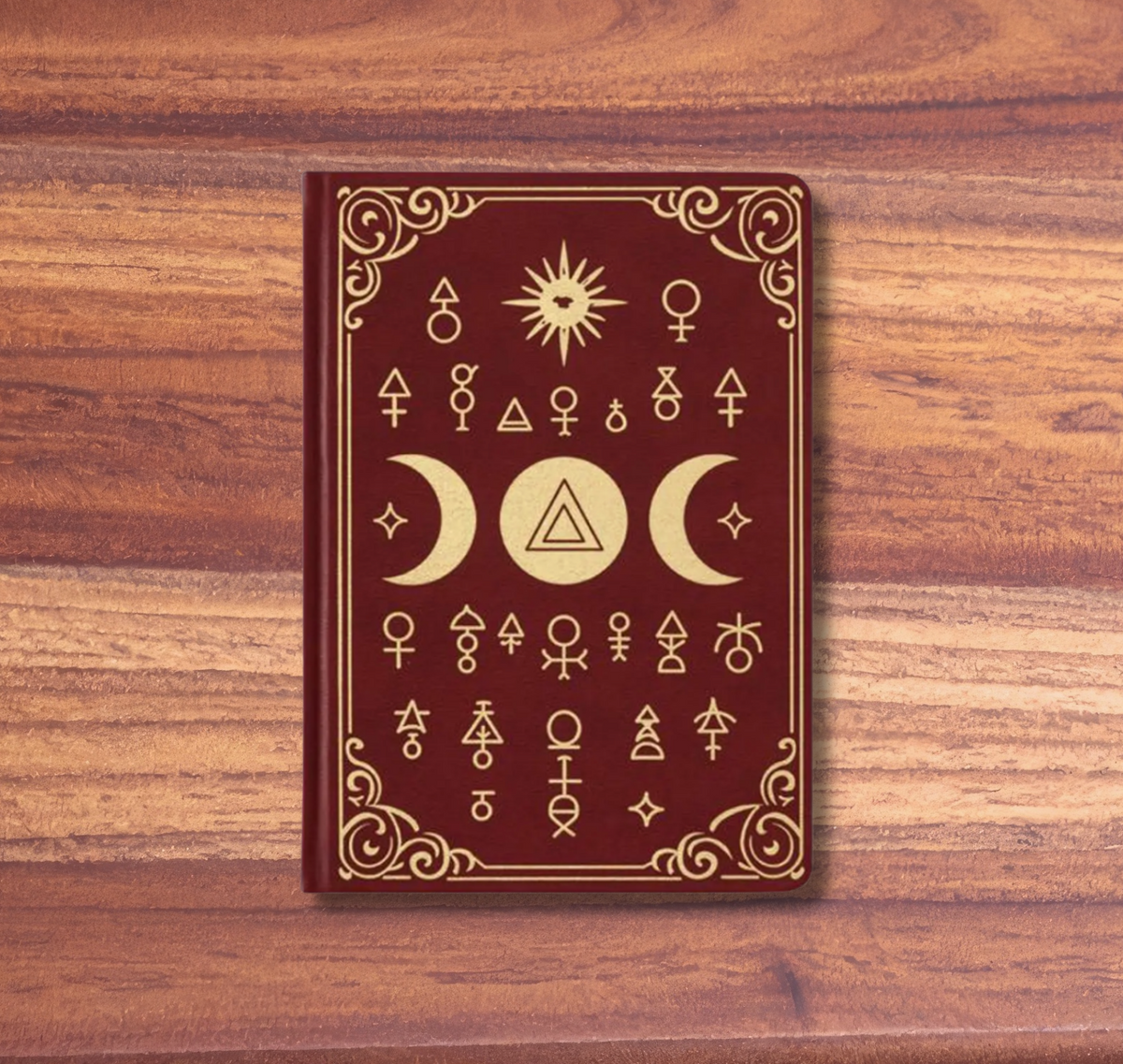 A tarot card deck box with a dark red cover and gold celestial symbols, displayed on a wooden surface against a solid pink background.