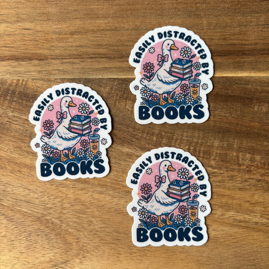 Easily Distracted by Books Vinyl Die Cut Laminated Sticker (2 Sizes)