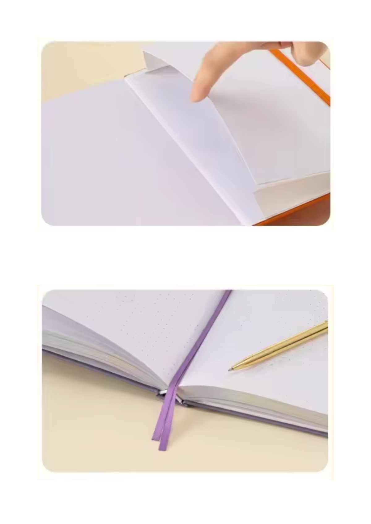 Two-panel close-up showing an open notebook or journal with ribbon bookmarks: the top panel shows a hand turning a page with an orange ribbon bookmark, and the bottom panel shows the purple ribbon bookmark hanging from the open book with a gold pen nearby.