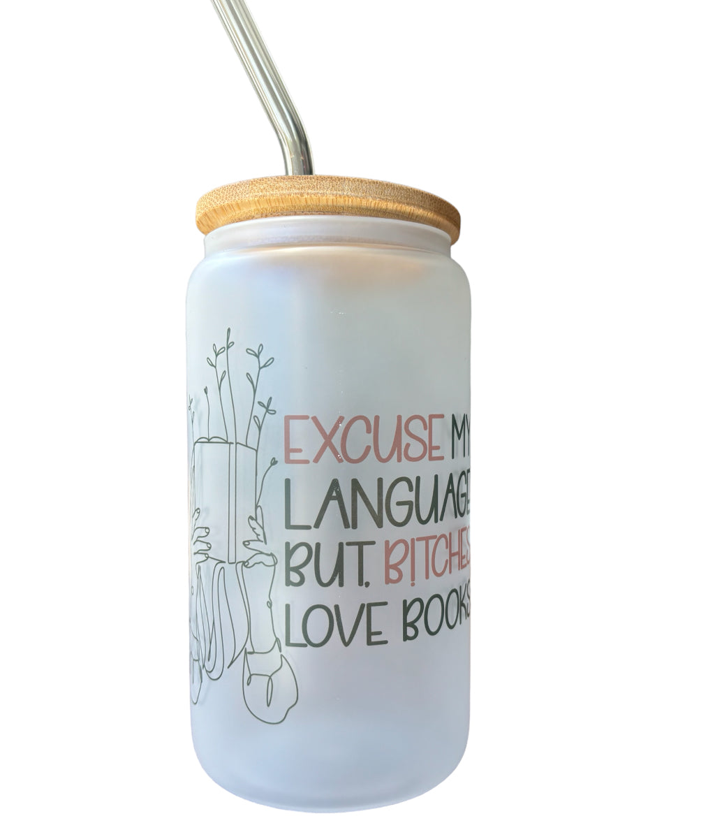 Excuse My Language Sublimated 16oz Frosted Libbey Glass Can with Bamboo Lid and reusable straw.