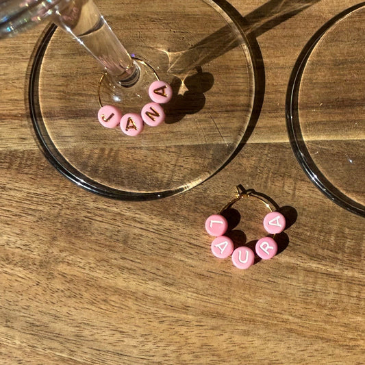 Pink with Gold or White Letters Personalise Individual Silver or Gold Wine Glass Charm Rings with Letter Beads
