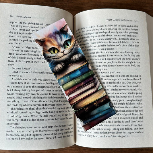 Cat on Bookstack Printed Bookmark