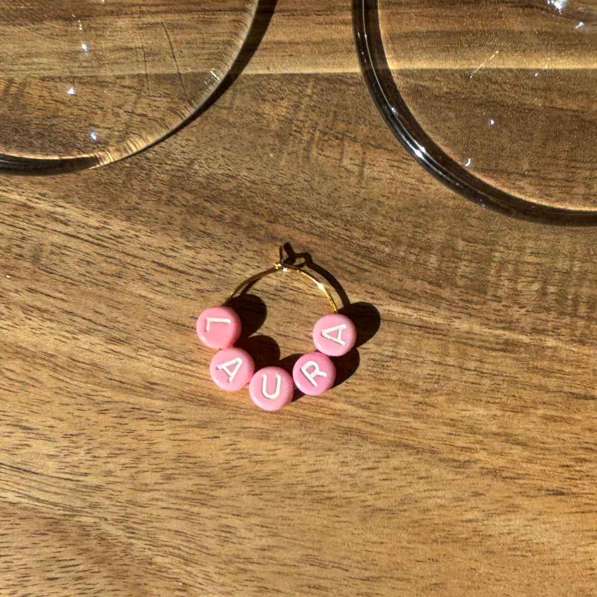 Pink with Gold or White Letters Personalise Individual Silver or Gold Wine Glass Charm Rings with Letter Beads