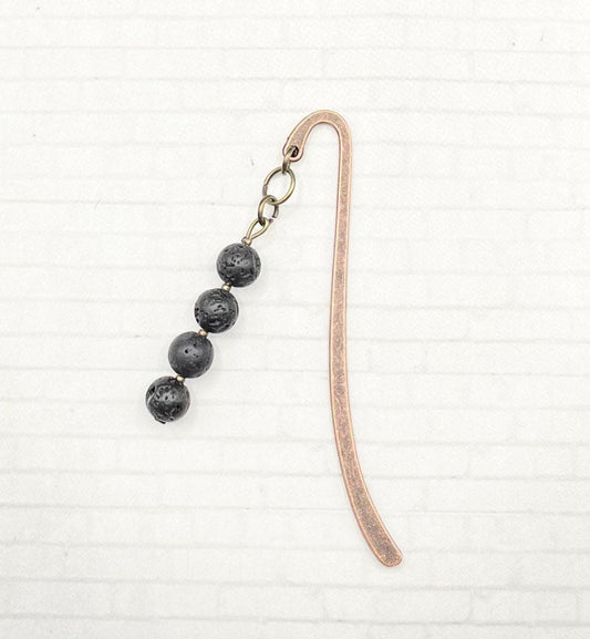 Metal Hook Bookmarks with Black Lava Stone Beads - Brass or Gold