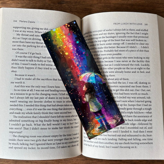 Girl with Umbrella in Colourful Rain Printed Bookmark
