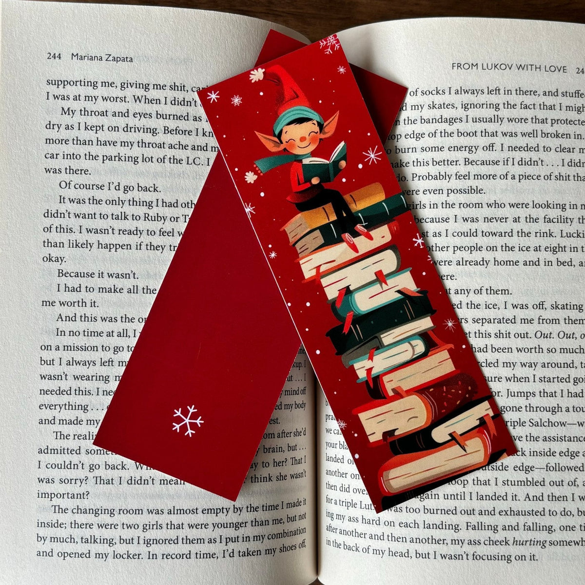 Elf on Book Stack Printed Bookmark
