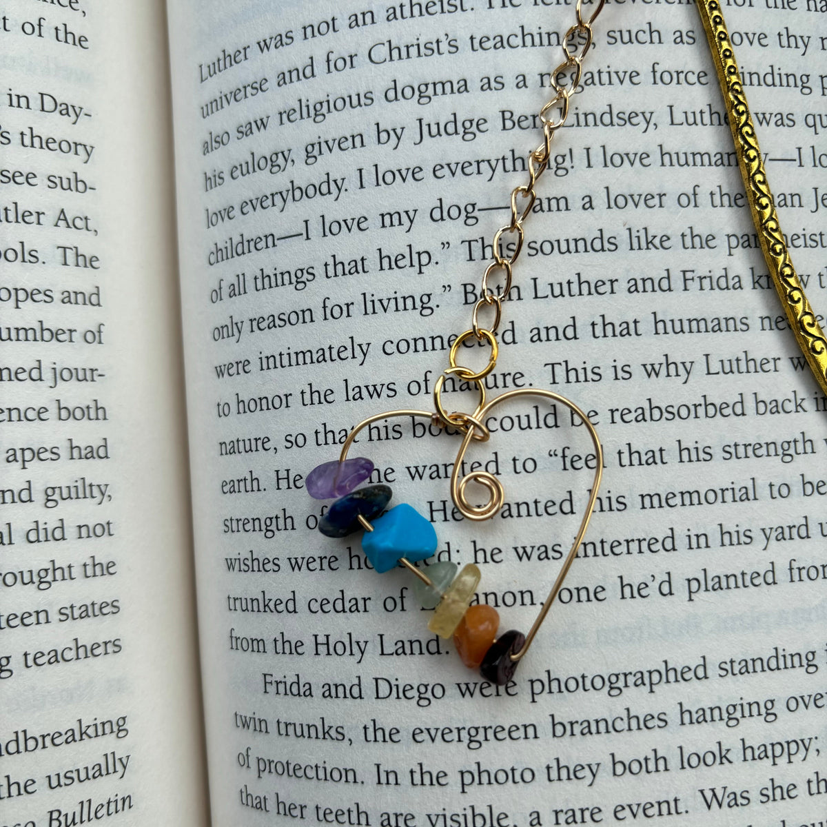 Gold Wire Heart with Stones on Gold Engraved Hook Bookmark