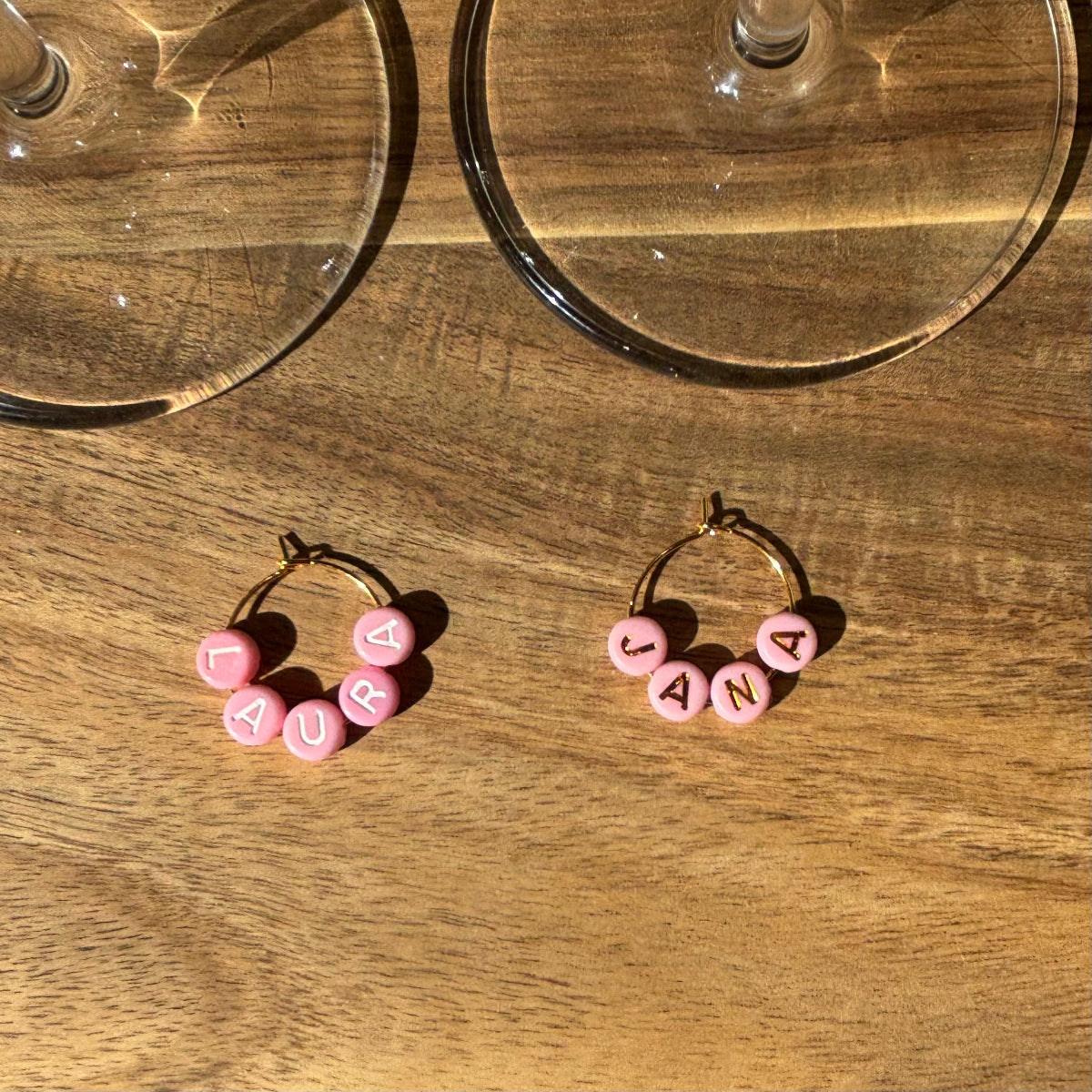 Pink with Gold or White Letters Personalise Individual Silver or Gold Wine Glass Charm Rings with Letter Beads