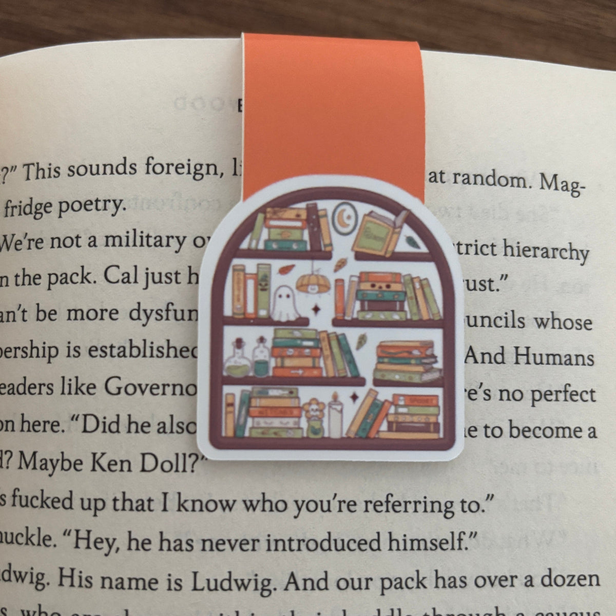 A die-cut magnetic bookmark shaped like a bookshelf with books, a owl, and small illustrations, attached to an orange bookmark clip on an open book.