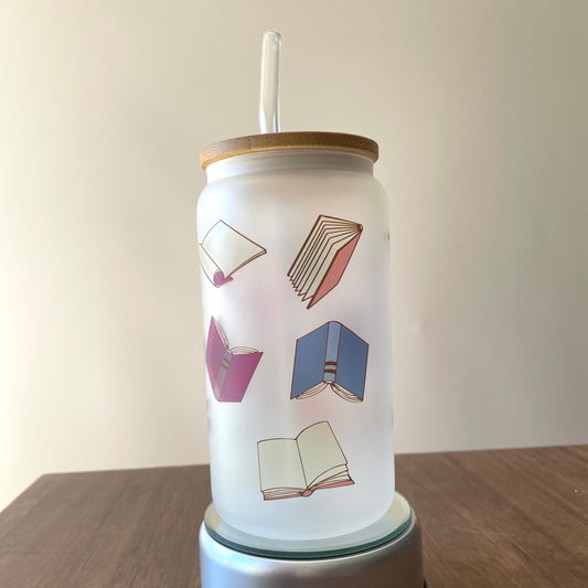 There is no such things as too many books Sublimated 16oz Frosted Libbey Glass Can with Bamboo Lid and reusable straw