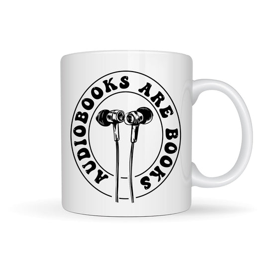 White ceramic mug with 'Audiobooks are Books' text and a graphic of headphones on the front side.